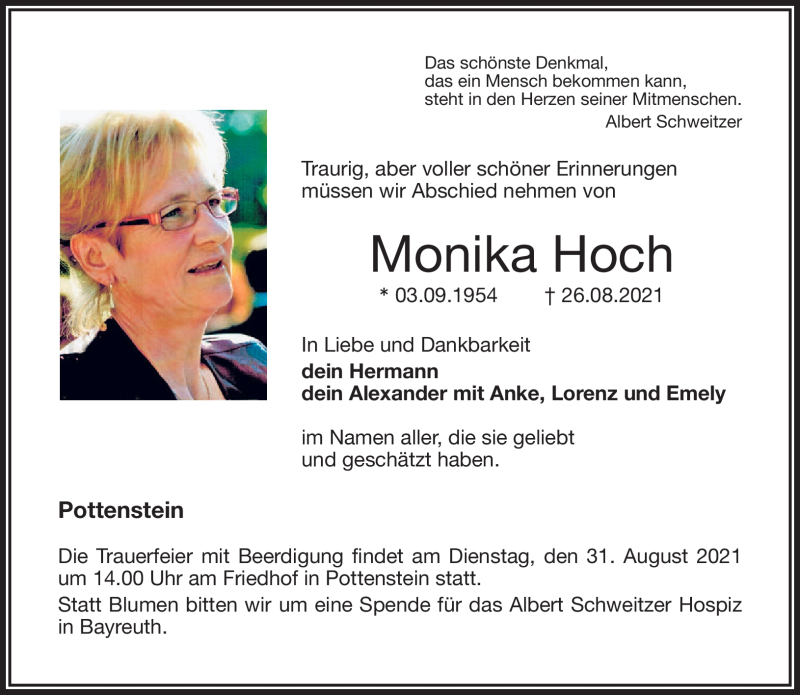  Traueranzeige für Monika Hoch vom 28.08.2021 aus Nordbayerischer Kurier