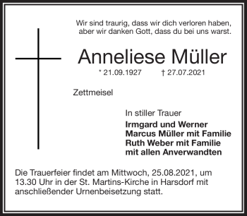 Anzeige von Anneliese Müller von Nordbayerischer Kurier