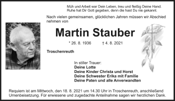 Anzeige von Martin Stauber von Nordbayerischer Kurier