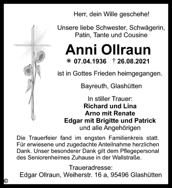 Anzeige von Anni Ollraun von Nordbayerischer Kurier