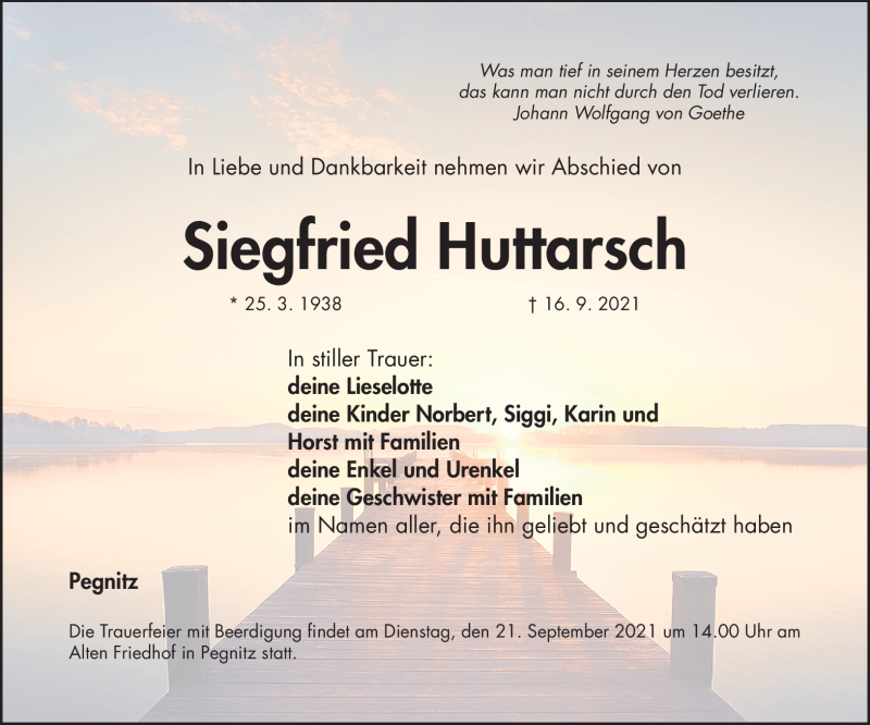  Traueranzeige für Siegfried Huttarsch vom 18.09.2021 aus Nordbayerischer Kurier