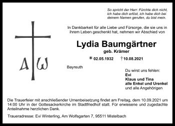 Anzeige von Lydia Baumgärtner von Nordbayerischer Kurier