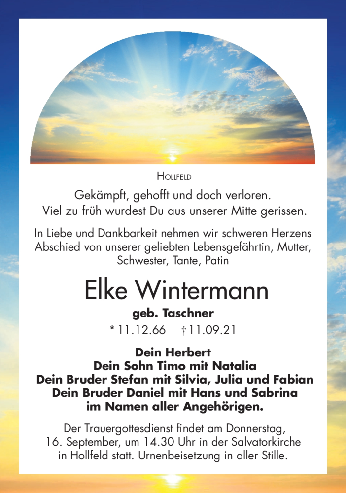  Traueranzeige für Elke Wintermann vom 14.09.2021 aus Nordbayerischer Kurier