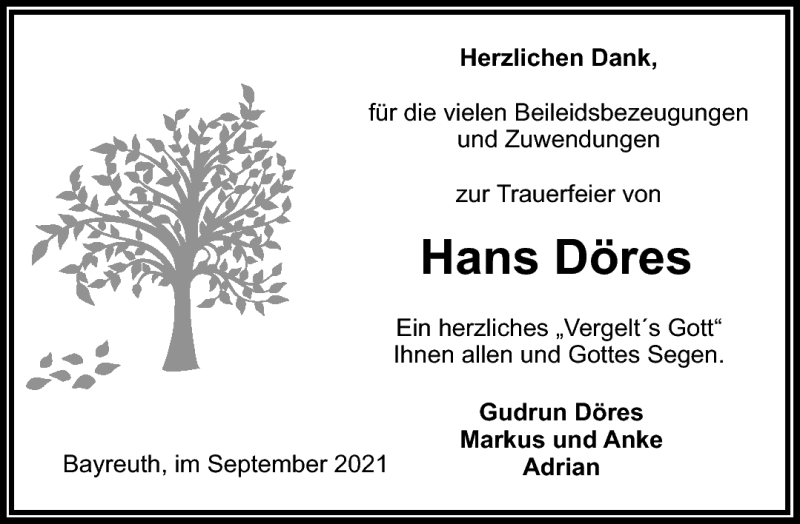  Traueranzeige für Hans Döres vom 18.09.2021 aus Nordbayerischer Kurier