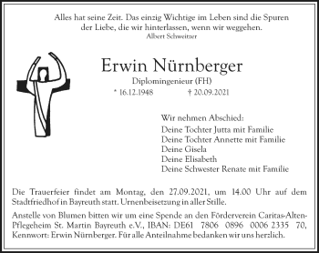 Anzeige von Erwin Nürnberger von Nordbayerischer Kurier