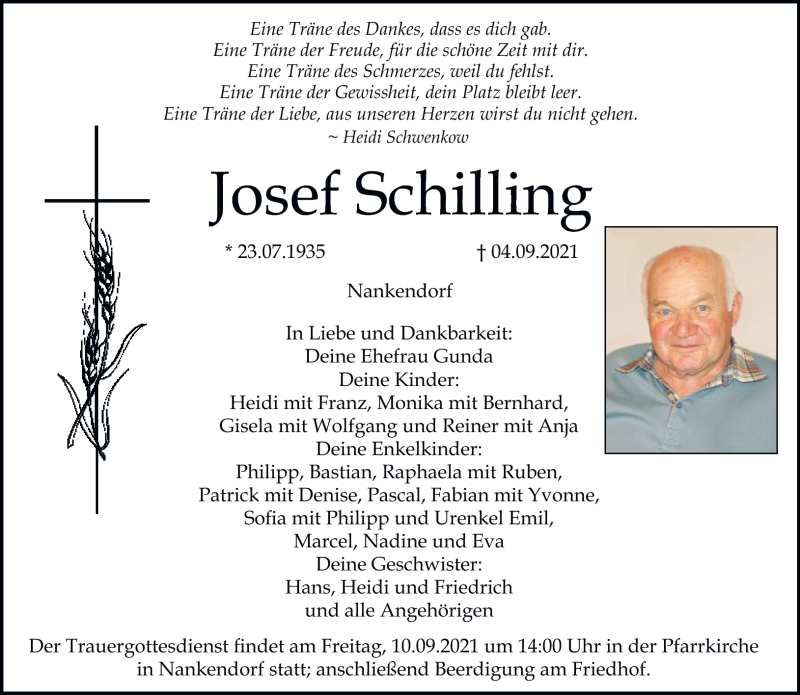 Traueranzeigen von Josef Schilling | Nordbayerischer Kurier