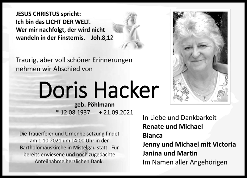  Traueranzeige für Doris Hacker vom 25.09.2021 aus Nordbayerischer Kurier