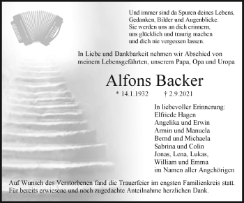 Anzeige von Alfons Backer von Nordbayerischer Kurier