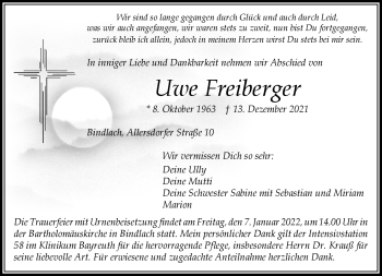 Anzeige von Uwe Freiberger von Nordbayerischer Kurier