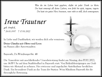 Anzeige von Irene Trautner von Nordbayerischer Kurier