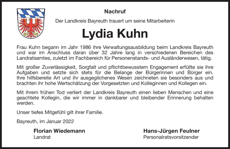  Traueranzeige für Lydia Kuhn vom 20.01.2022 aus Nordbayerischer Kurier