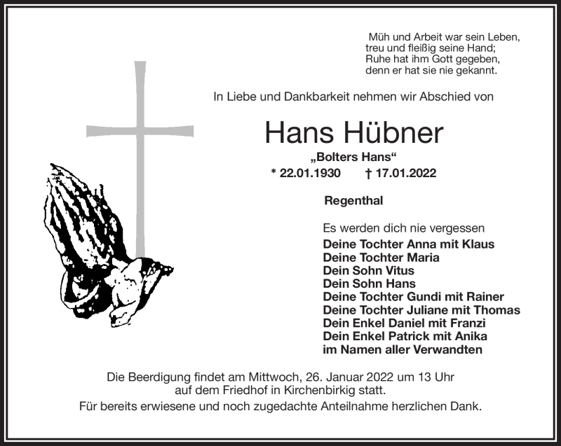  Traueranzeige für Hans Hübner vom 22.01.2022 aus Nordbayerischer Kurier