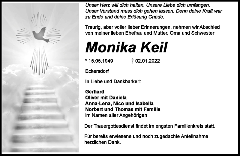  Traueranzeige für Monika Keil vom 15.01.2022 aus Nordbayerischer Kurier