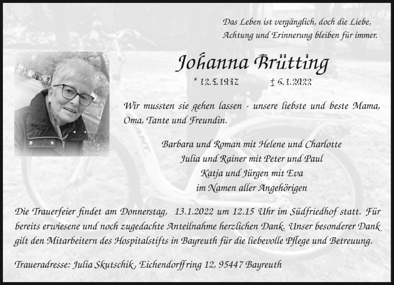  Traueranzeige für Johanna Brütting vom 11.01.2022 aus Nordbayerischer Kurier