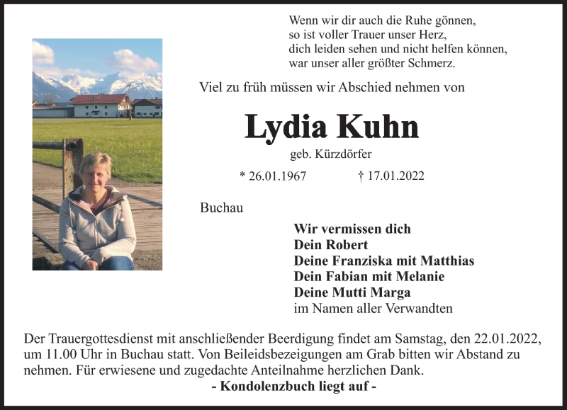  Traueranzeige für Lydia Kuhn vom 19.01.2022 aus Nordbayerischer Kurier