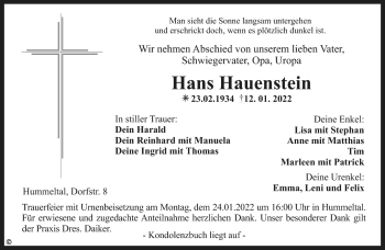 Anzeige von Hans Hauenstein von Nordbayerischer Kurier