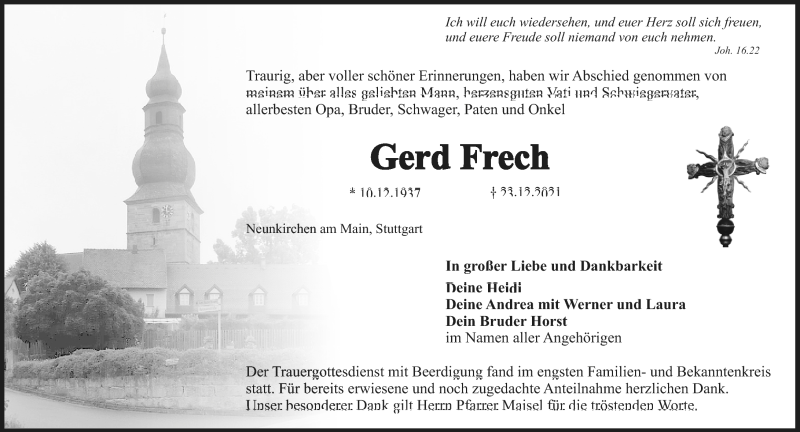  Traueranzeige für Gerd Frech vom 05.01.2022 aus Nordbayerischer Kurier