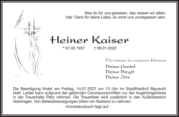 Anzeige von Heiner Kaiser von Nordbayerischer Kurier