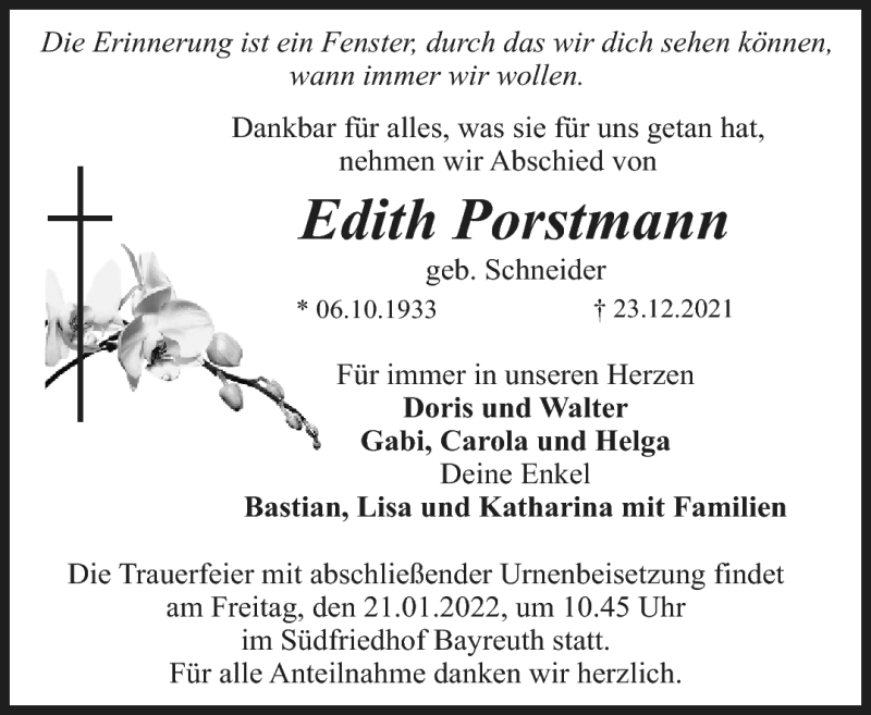  Traueranzeige für Edith Porstmann vom 15.01.2022 aus Nordbayerischer Kurier