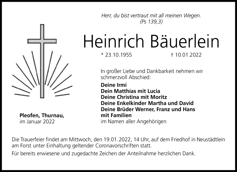  Traueranzeige für Heinrich Bäuerlein vom 15.01.2022 aus Nordbayerischer Kurier