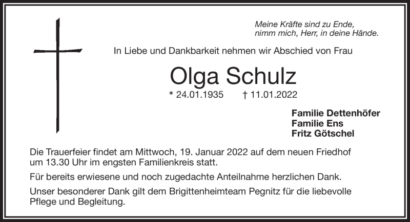  Traueranzeige für Olga Schulz vom 14.01.2022 aus Nordbayerischer Kurier