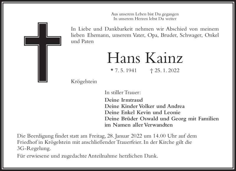  Traueranzeige für Hans Kainz vom 27.01.2022 aus Nordbayerischer Kurier