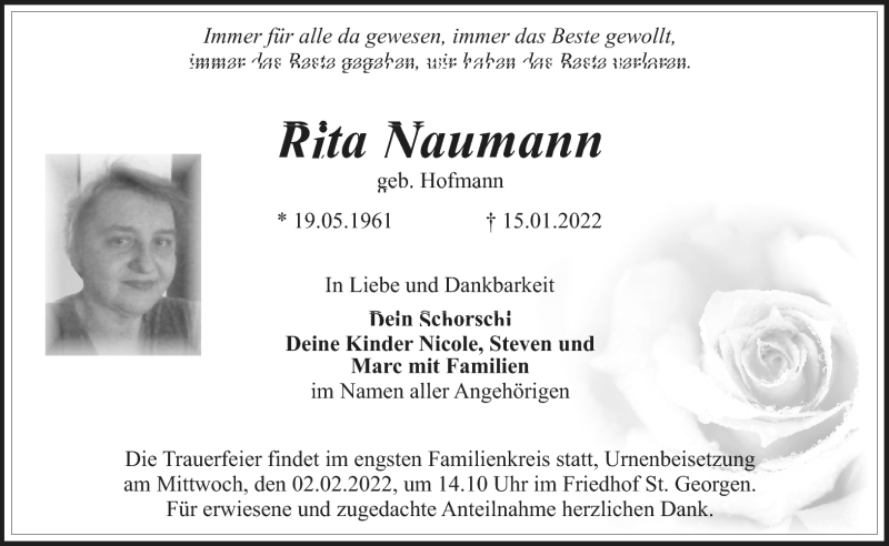  Traueranzeige für Rita Naumann vom 29.01.2022 aus Nordbayerischer Kurier