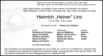Anzeige von Heinrich Linz von Nordbayerischer Kurier