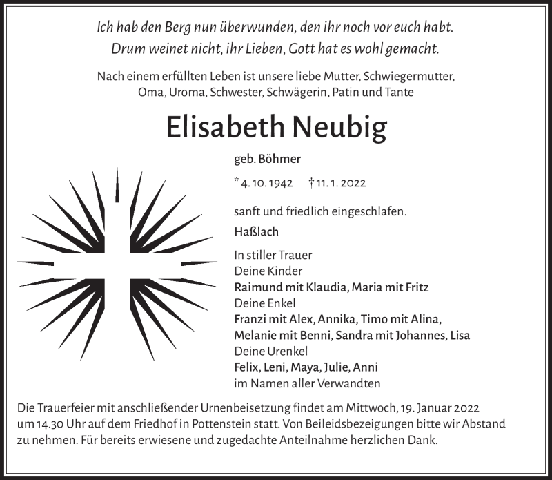  Traueranzeige für Elisabeth Neubig vom 14.01.2022 aus Nordbayerischer Kurier