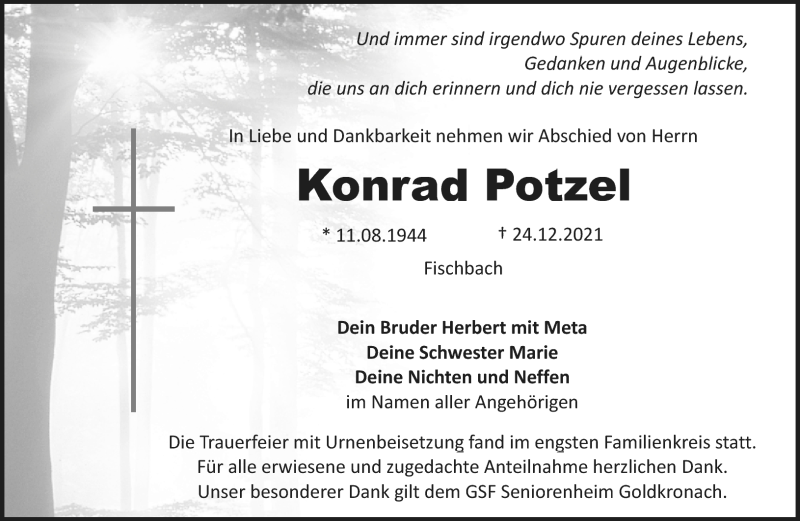  Traueranzeige für Konrad Potzel vom 20.01.2022 aus Nordbayerischer Kurier