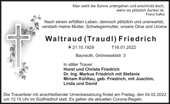 Anzeige von Waltraud Friedrich von Nordbayerischer Kurier