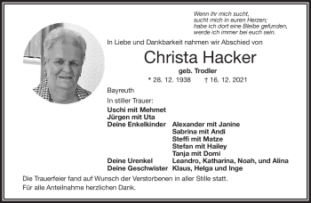 Anzeige von Christa Hacker von Nordbayerischer Kurier