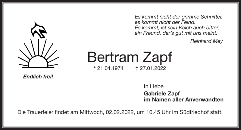  Traueranzeige für Bertram Zapf vom 29.01.2022 aus Nordbayerischer Kurier