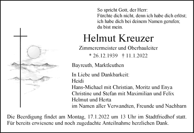  Traueranzeige für Helmut Kreuzer vom 15.01.2022 aus Nordbayerischer Kurier