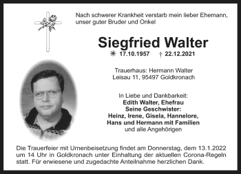 Anzeige von Walter Siegfried von Nordbayerischer Kurier