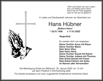 Anzeige von Hans Hübner von Nordbayerischer Kurier