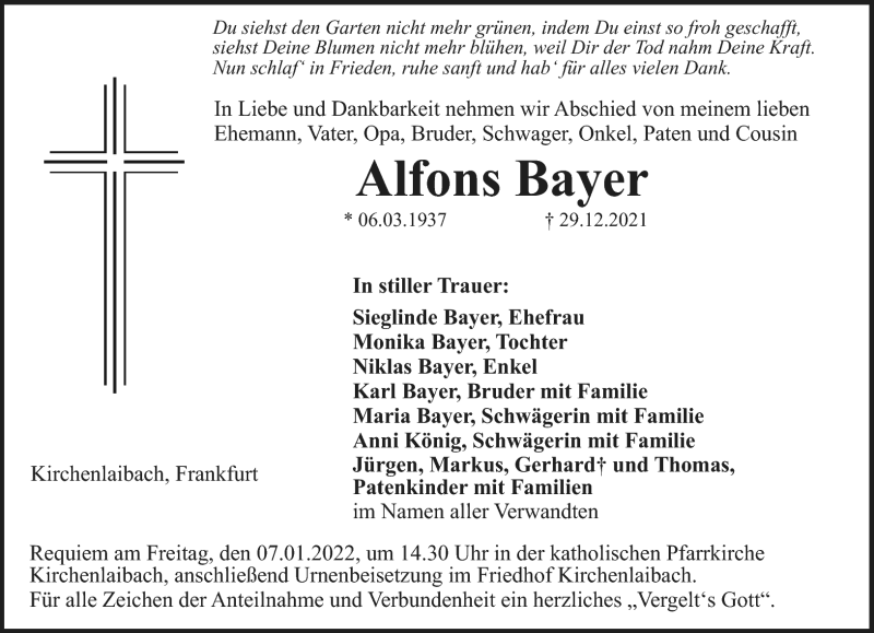  Traueranzeige für Alfons Bayer vom 05.01.2022 aus Nordbayerischer Kurier