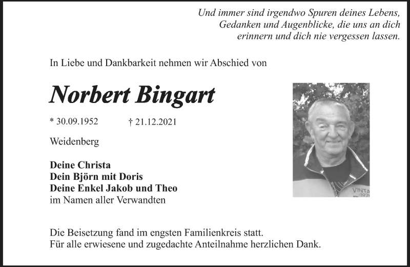  Traueranzeige für Norbert Bingart vom 11.01.2022 aus Nordbayerischer Kurier