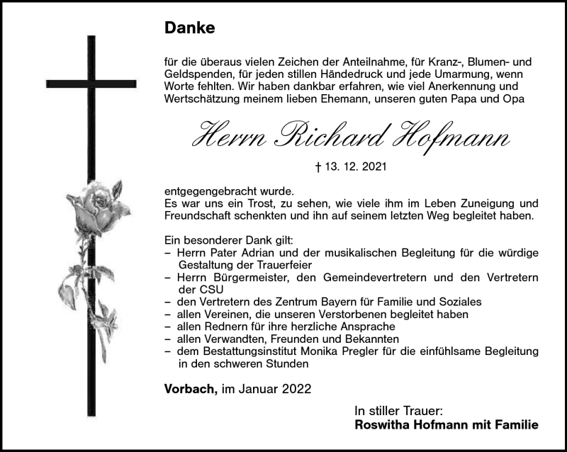  Traueranzeige für Richard Hofmann vom 15.01.2022 aus Nordbayerischer Kurier