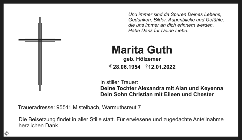  Traueranzeige für Marita Guth vom 15.01.2022 aus Nordbayerischer Kurier