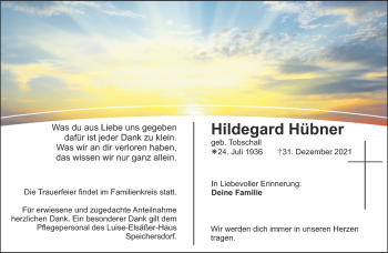 Anzeige von Hildegard Hübner von Nordbayerischer Kurier