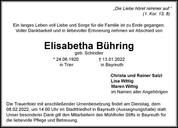 Anzeige von Elisabetha Bühring von Nordbayerischer Kurier