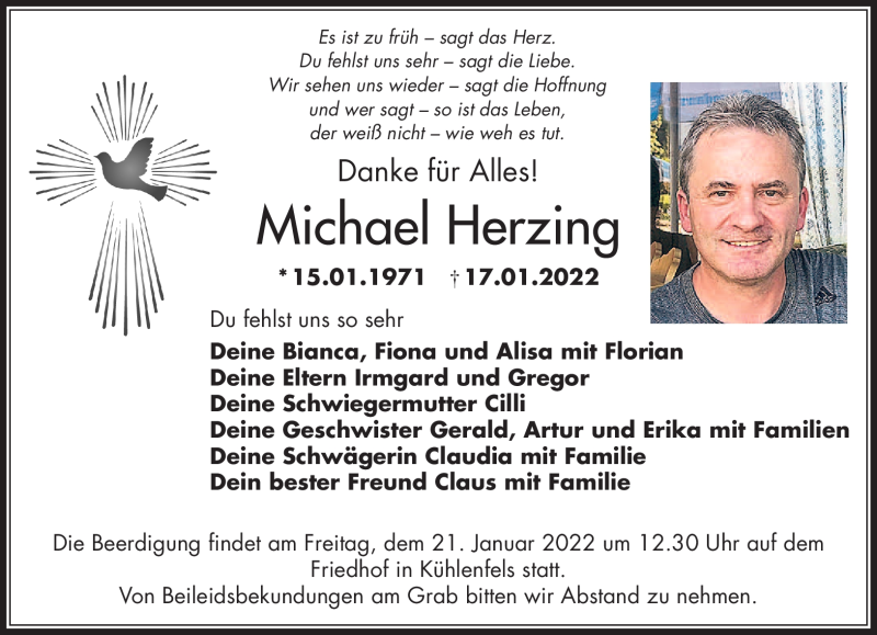  Traueranzeige für Michael Herzing vom 20.01.2022 aus Nordbayerischer Kurier