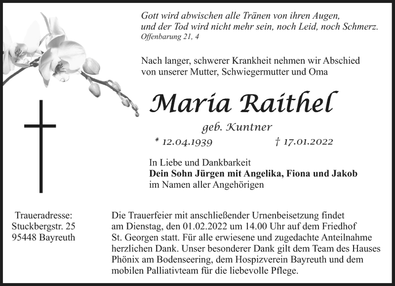  Traueranzeige für Maria Raithel vom 29.01.2022 aus Nordbayerischer Kurier