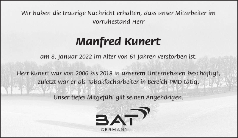  Traueranzeige für Manfred Kunert vom 11.01.2022 aus Nordbayerischer Kurier