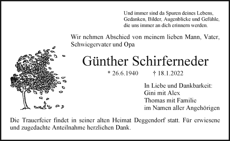  Traueranzeige für Günther Schirferneder vom 21.01.2022 aus Nordbayerischer Kurier