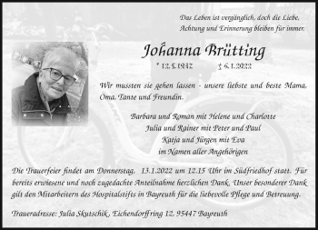 Anzeige von Johanna Brütting von Nordbayerischer Kurier