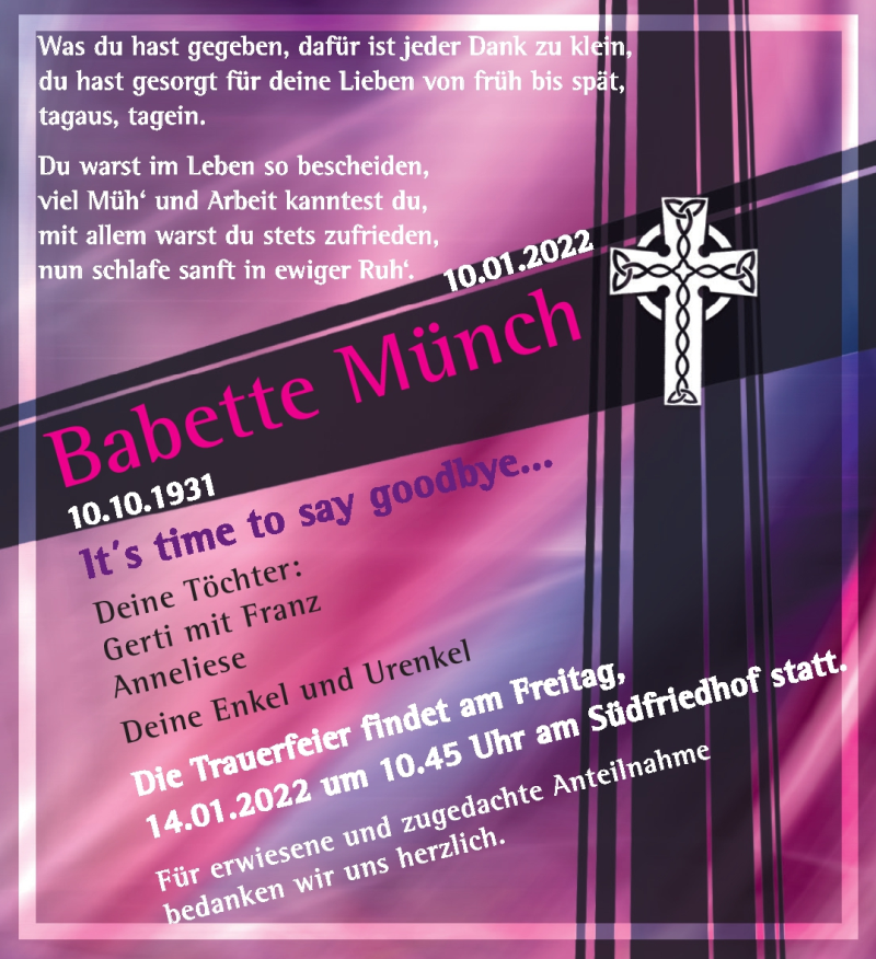  Traueranzeige für Babette Münch vom 13.01.2022 aus Nordbayerischer Kurier