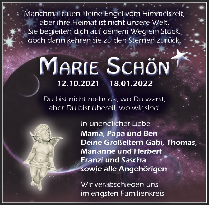  Traueranzeige für Marie Schön vom 22.01.2022 aus Nordbayerischer Kurier