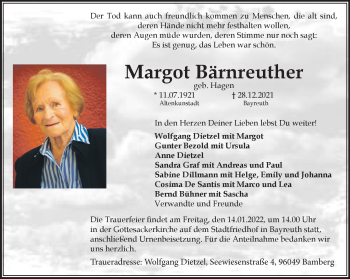 Anzeige von Margot Bärnreuther von Nordbayerischer Kurier